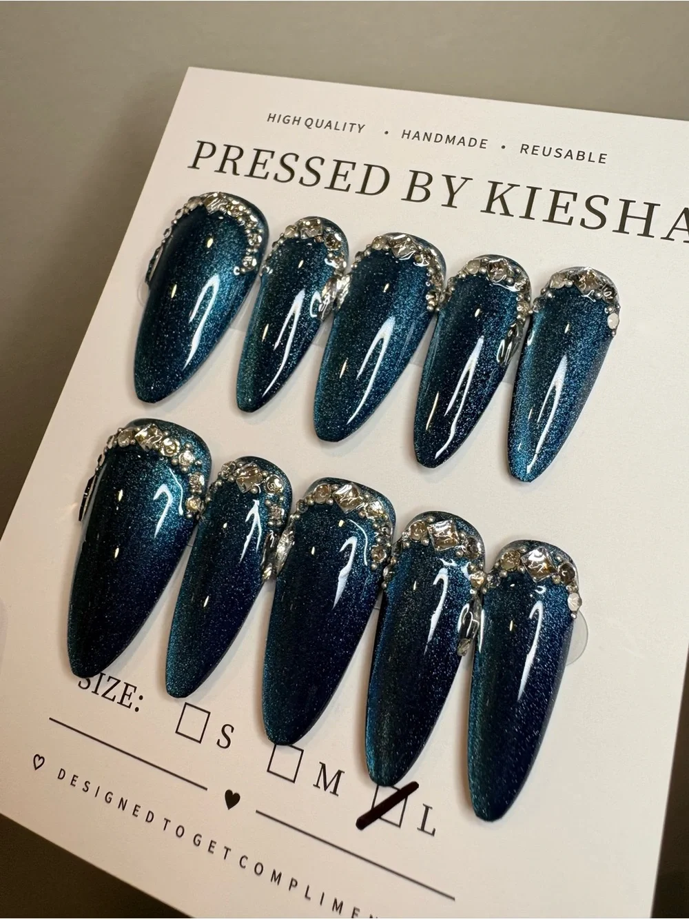 Teal Glitter Press-On Nails with Rhinestones